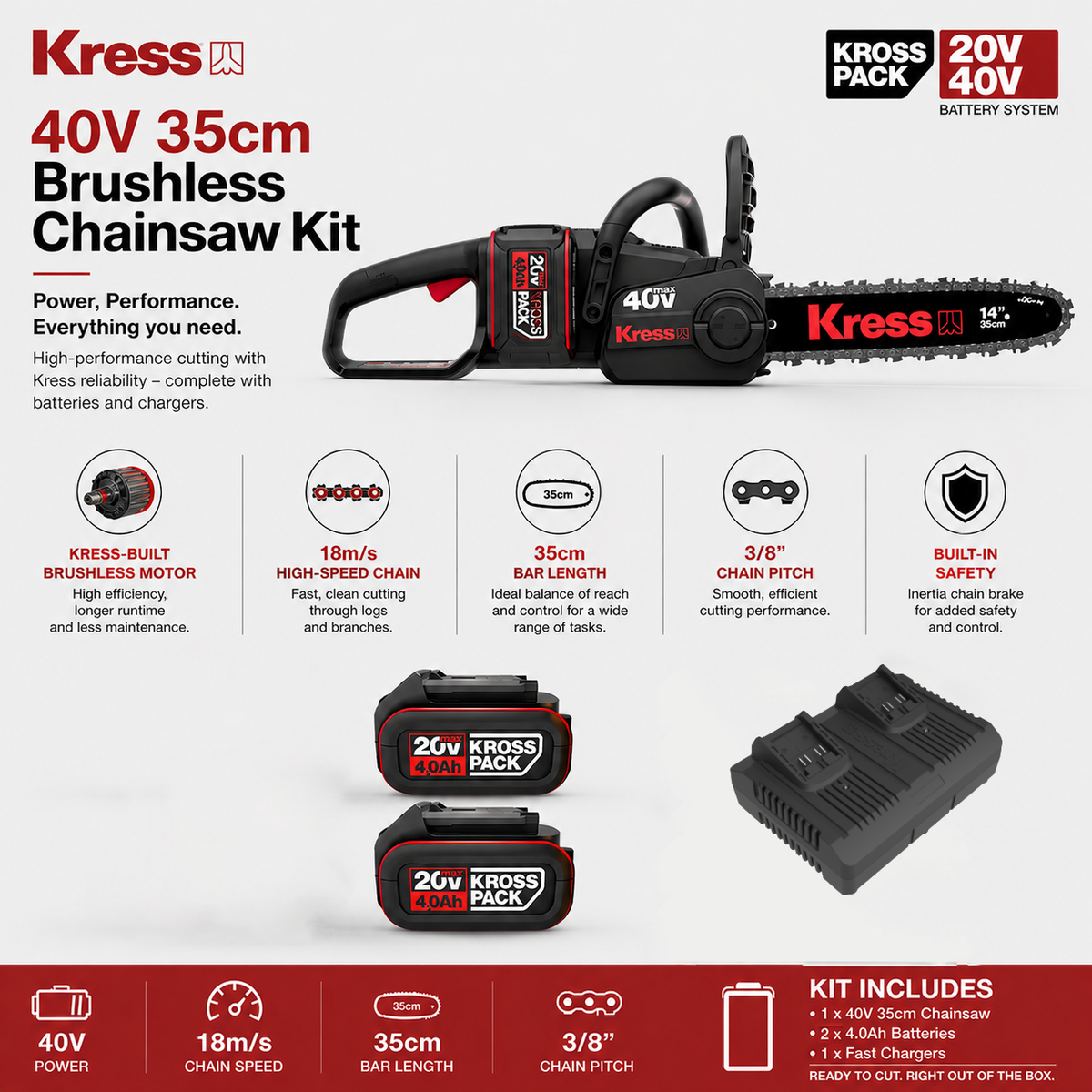 Kress 40V Cordless Chainsaw – Powerful, Smooth Cutting with Less Effort (35cm)