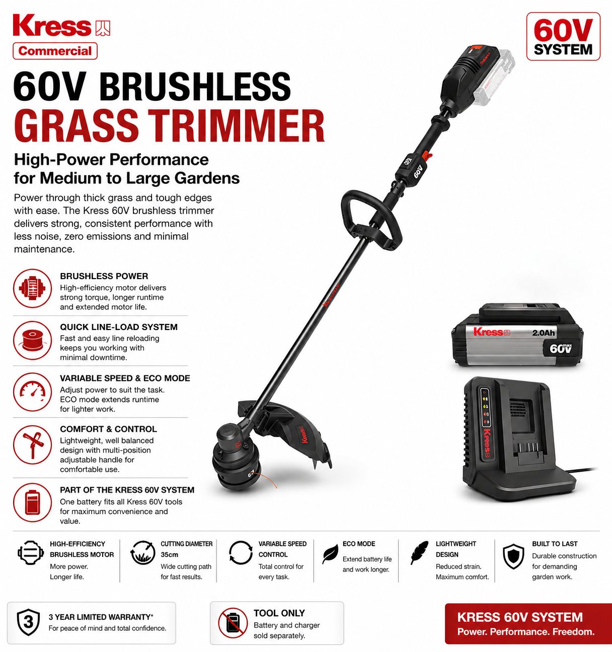 Kress 60V Brushless Grass Trimmer – High Power with Less Effort for Medium to Large Gardens