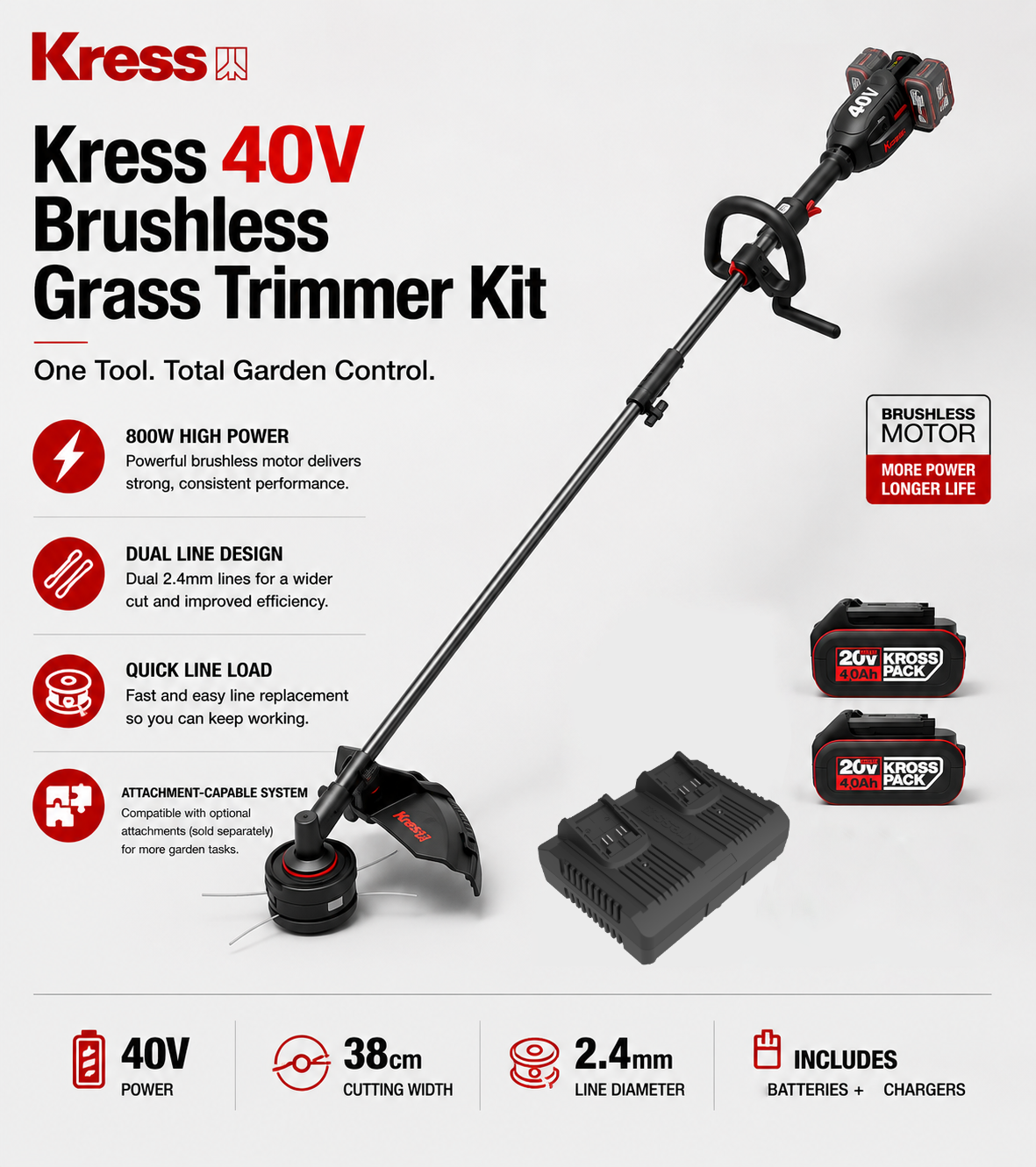 Kress 40V Brushless Multi-Tool Grass Trimmer – Powerful Performance with Total Flexibility