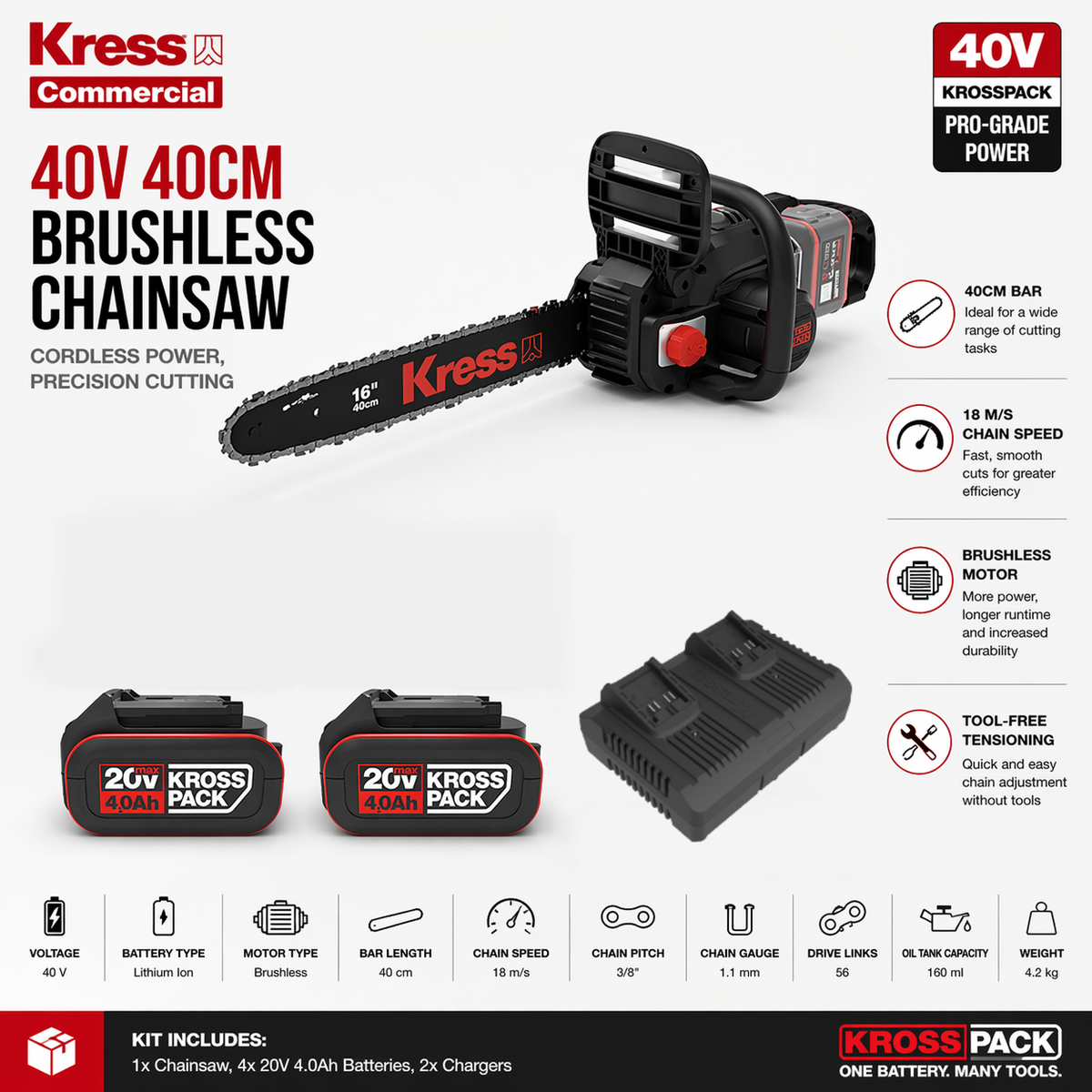 Kress 40V Cordless Chainsaw – Powerful Cutting with Less Effort (40cm)