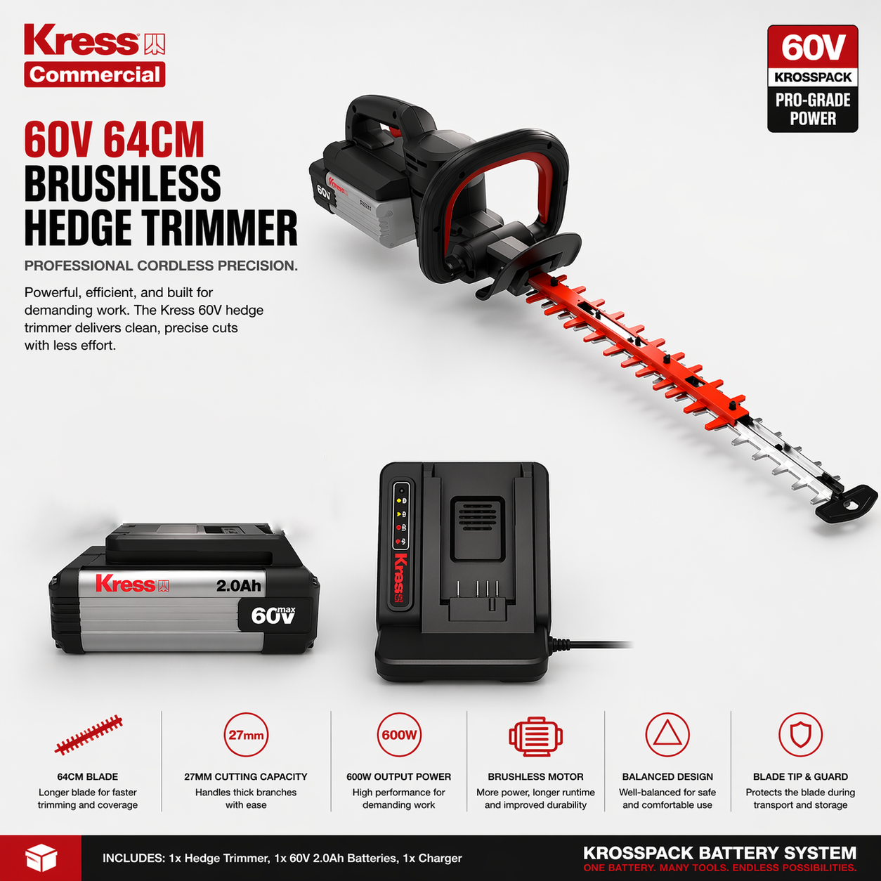 Kress 60V Brushless Hedge Trimmer – High Performance, Effortless Control (64cm)