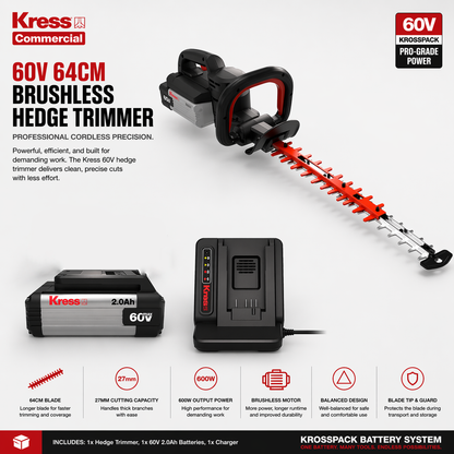 Kress 60V Brushless Hedge Trimmer – High Performance, Effortless Control (64cm)