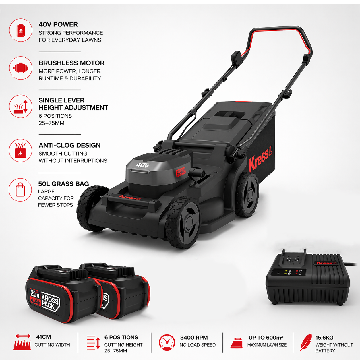 Kress 40V 41cm Brushless Lawn Mower – Smooth, Quiet, and Easy Cutting for Every Garden